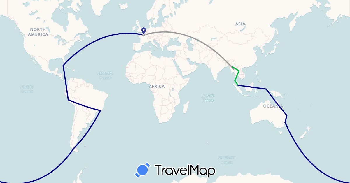 TravelMap itinerary: driving, bus, plane in Australia, Brazil, Chile, Cuba, France, Indonesia, Laos, Myanmar (Burma), Malaysia, Peru, Thailand, United States (Asia, Europe, North America, Oceania, South America)